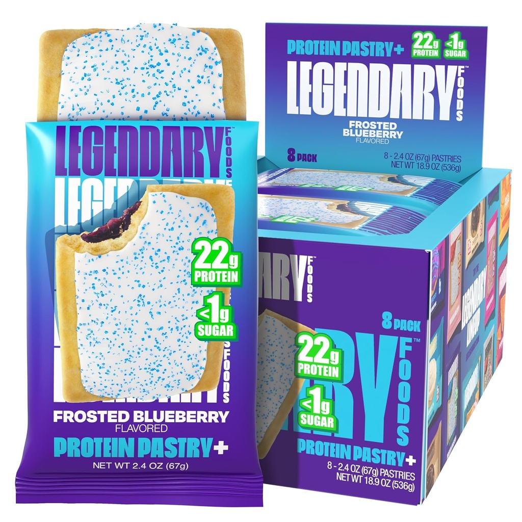 Legendary Foods 22g Protein Pastry+ Frosted Blueberry, Low Carb Meal Replacement Bar - Low Glycemic, Gluten Free Protien Snacks - Healthy Keto Snack Box 8 Zero Sugar Energy Bars - Diabetic Friendly