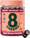 8Greens Supergreens Gummies | メタボリズム、免疫&フォーカス、消化の健康酵素、有機: クロレラ、スピルリナ、アロエベラ、ピーチ風味、50カウント