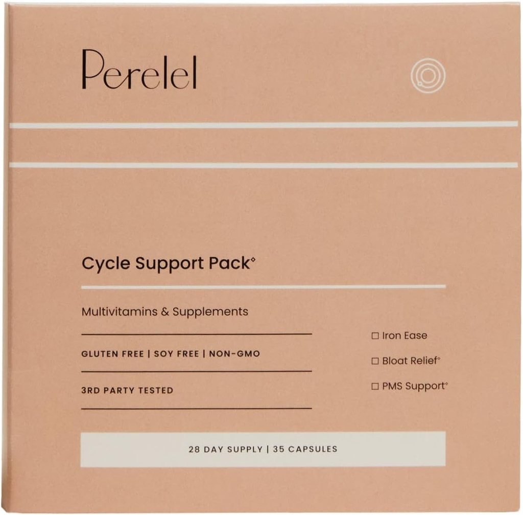 Perelel Cycle Support Pack, Daily Supplement with Iron, Vitamin C, B12 & Bloat and PMS Support Blend, Soy, Dairy & Gluten Free, Non GMO, 28 Day Supply