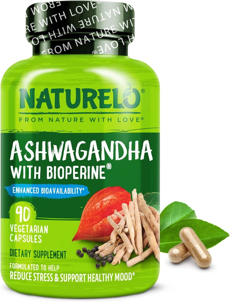 NATURELO Ashwagandhaの有機性根の粉-疲労救助のための自然なハーブの補足、気分の増強物-黒いコショウのエキスと- 90のビーガン カプセル