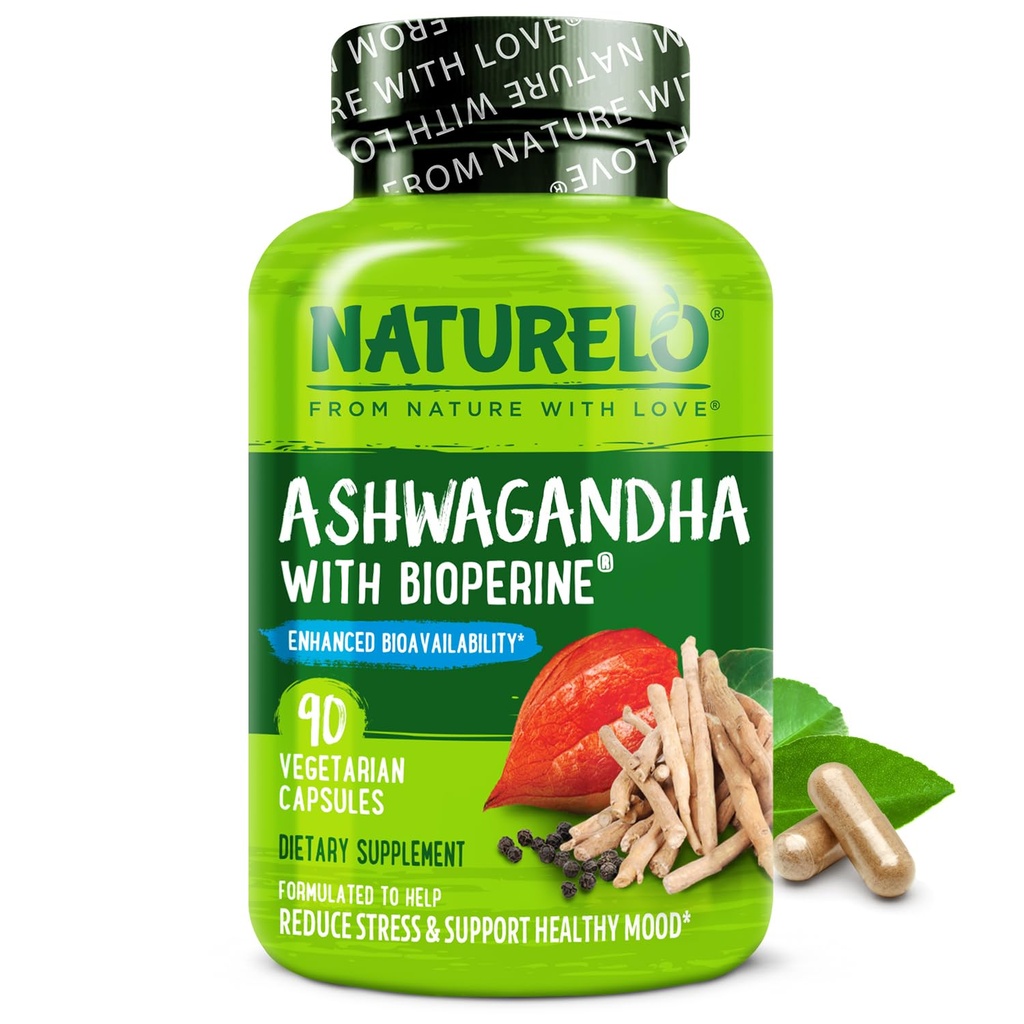 NATURELO Ashwagandhaの有機性根の粉-疲労救助のための自然なハーブの補足、気分の増強物-黒いコショウのエキスと- 90のビーガン カプセル