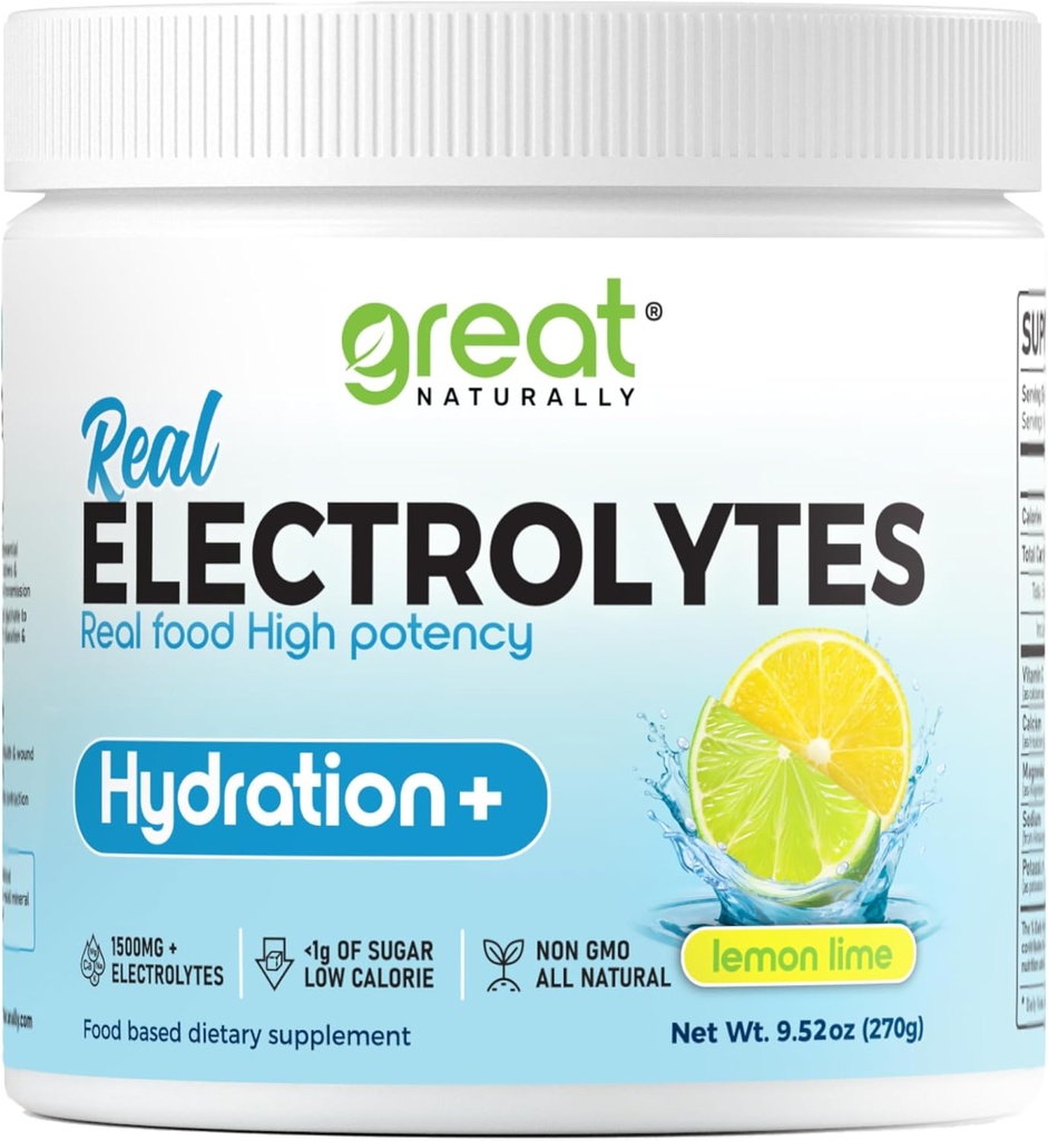 Electrolytes Powder Hydration | Real Food High Potency | Lemon Lime 30 Servings | High Potency Electrolyte Powder | Hydration Drink Mix | Electrolyte Supplement with Potassium Magnesium Calcium