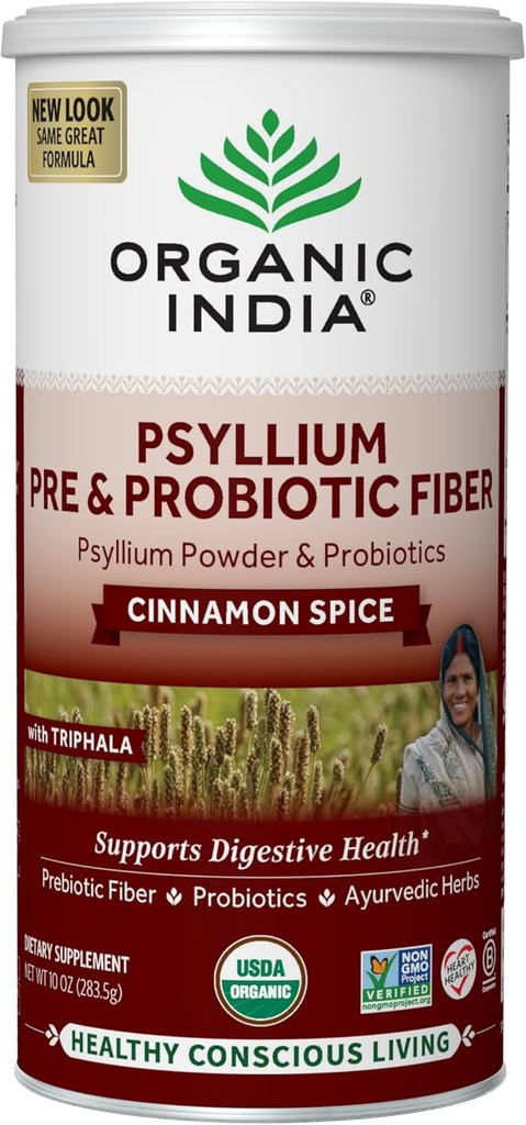 ORGANIC INDIA Psyllium Husk Powder - Pre & Probiotic Fiber Supplement, Organic Psyllium Husk Fiber Supplement with Whole Psyllium Husk, USDA Certified Organic, Vegan, Gluten Free - Cinnamon, 10 Oz