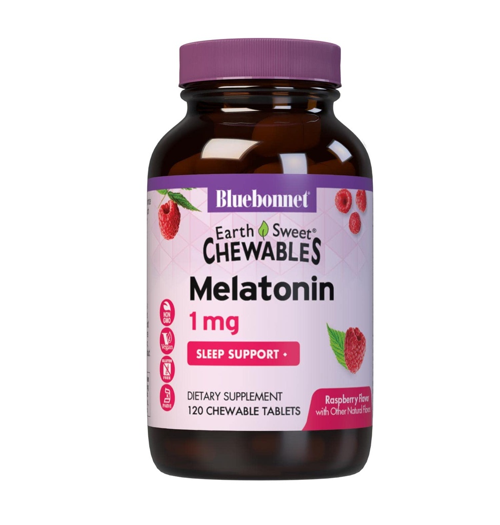 Bluebonnet栄養EarthSweet Melatonin 1mg高速活性クイック分解ナイトタイムリラクゼーション&レストフル睡眠サポート - 睡眠補助金 - グルテンフリー、ビーガン - ラズベリー味 - 120Chewable錠