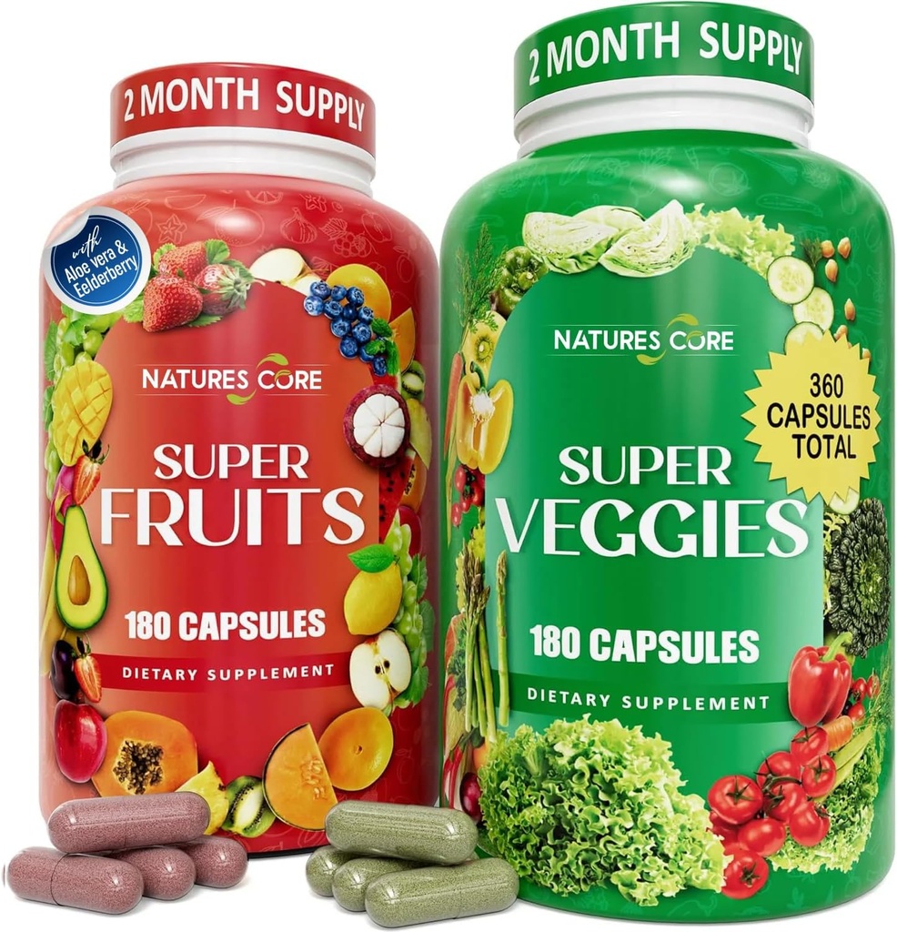 Nature's Core Fruit and Veggie Supplement - 360 Capsules -100% Whole Super Fruit and Super Vegetable Supplements & Vitamin, Made in USA, Soy Free, Vegan- (180 Count Pack of 2)