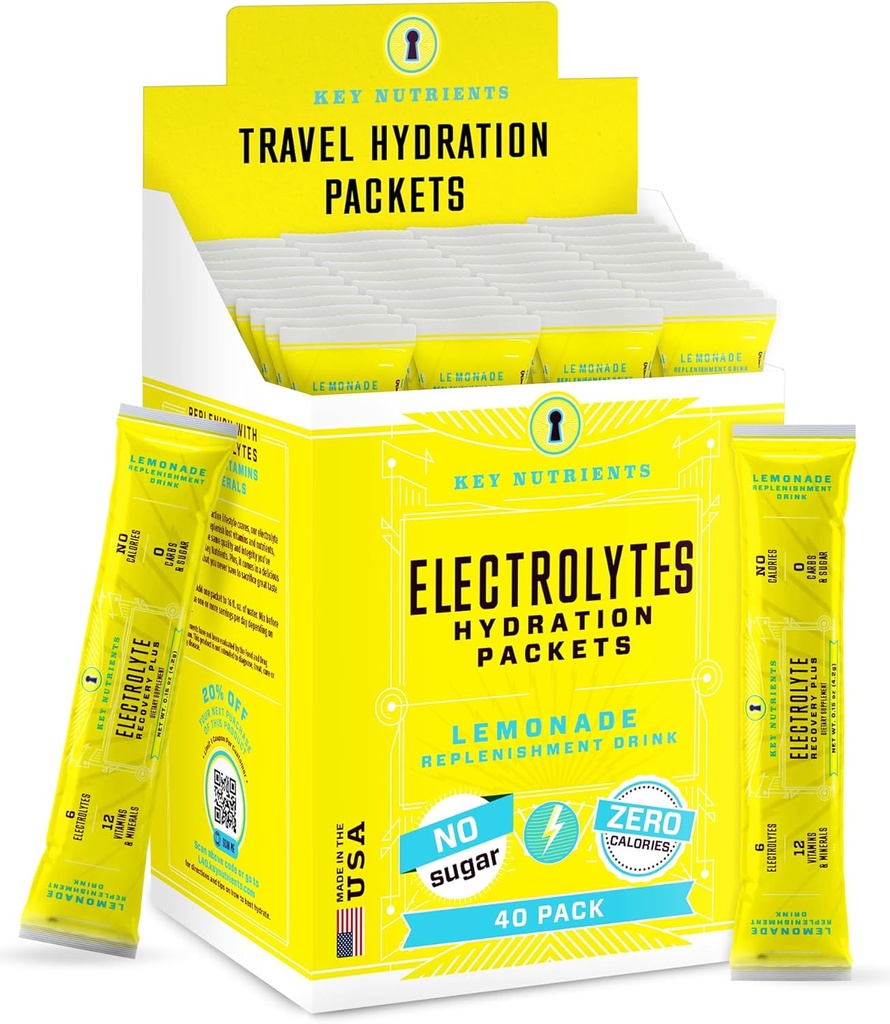 KEY NUTRIENTS マルチビタミン 電解液 水分補給パケット - レモネード ポスト ワークアウトと回復 40 パック - 砂糖なし、カロリーなし - 旅行水和パウダー