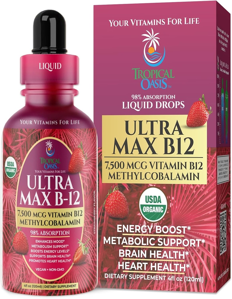 USDA Organic Ultra Max B12 | Superdose 7500mcg Vitamin B12 液滴 | メチルコバラミンとしてB12| 最大98%吸収率 | エネルギーを促進| ビーガン、非GMO、イチゴ味-4oz
