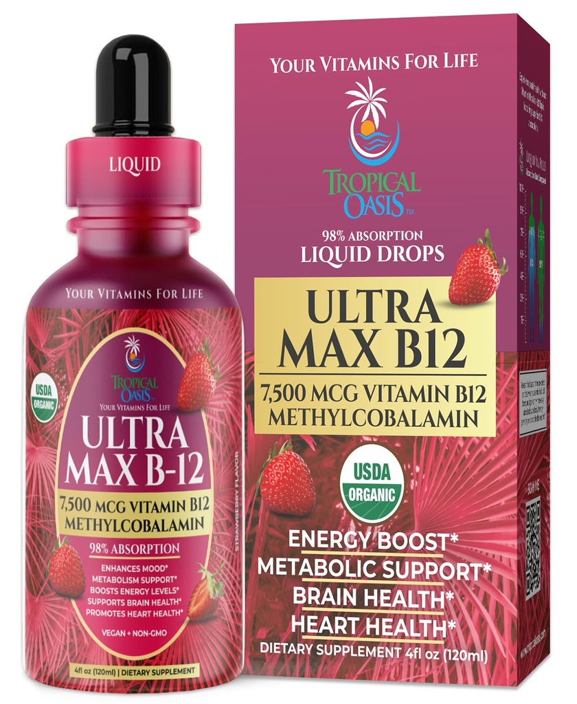 USDA Organic Ultra Max B12 | Superdose 7500mcg Vitamin B12 液滴 | メチルコバラミンとしてB12| 最大98%吸収率 | エネルギーを促進| ビーガン、非GMO、イチゴ味-4oz