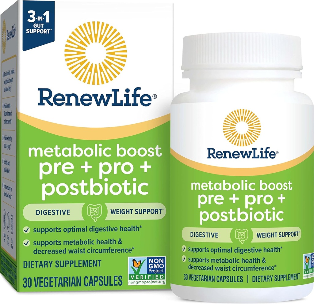 Renew Life Metabolic Boost Pre + Pro + Postbiotic; Prebiotics, Probiotics and Postbiotics Support Optimal Digestive Health and Metabolic Health; 30 Vegetarian Capsules*