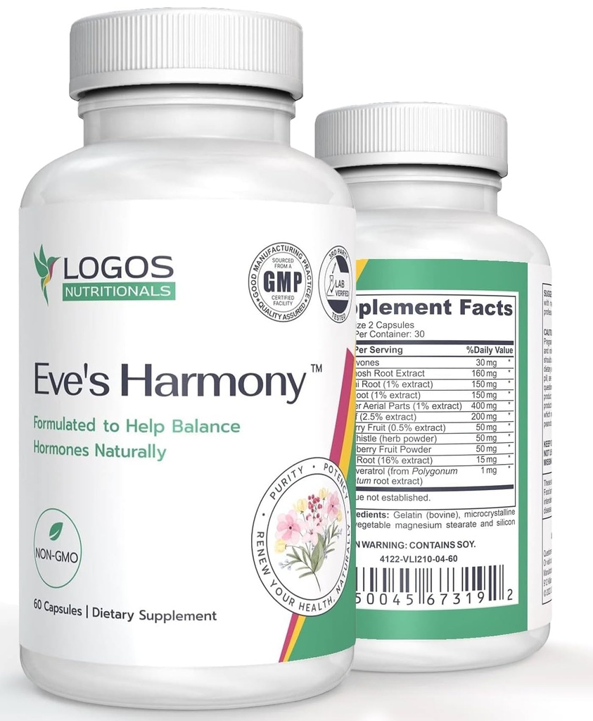 Eve's Harmony Menopause Supplement、Sony Isoflavones、ブラックコホッシュ&レッドラズベリー、非GMOナチュラルPMS&メノポサール症状サポート、60カプセル