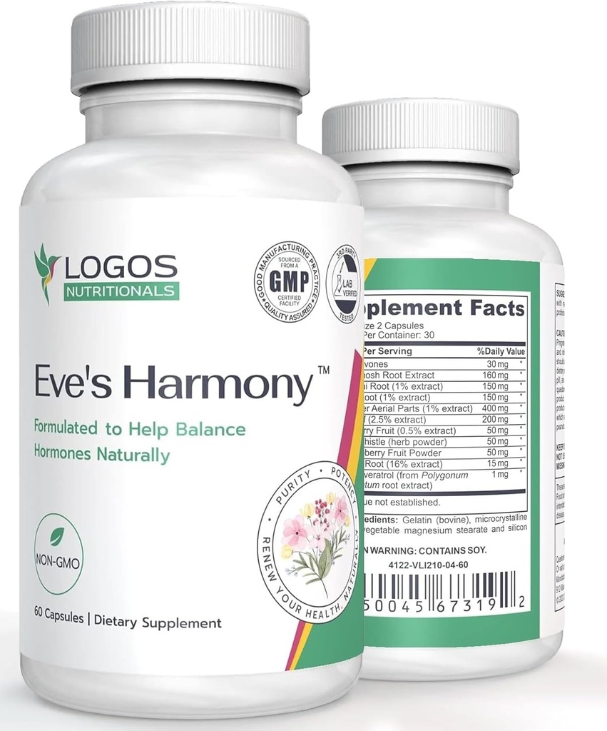 Eve's Harmony Menopause Supplement、Sony Isoflavones、ブラックコホッシュ&レッドラズベリー、非GMOナチュラルPMS&メノポサール症状サポート、60カプセル