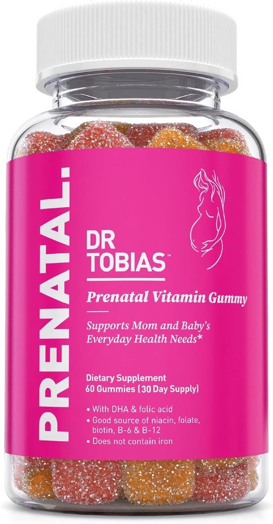 Dr. Tobias Prenatal Vitamin Gummy, Iron Free Prenatal Vitamins with DHA and Folic Acid, Niacin, Biotin, B6, & B12, Includes Fish Oil, for Pre & Postnatal Support, 60 Gummies, 30 Servings