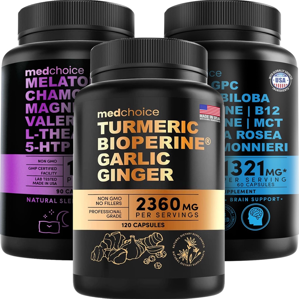 MEDCHOICEターメリック&ジンジャー(120ct)、睡眠メラトニン(90ct)、および向知性脳(60ct)サプリメントバンドル - 脳、睡眠、免疫サポートのためのウェルネストライオ - ビーガン、非GMO、グルテンフリー