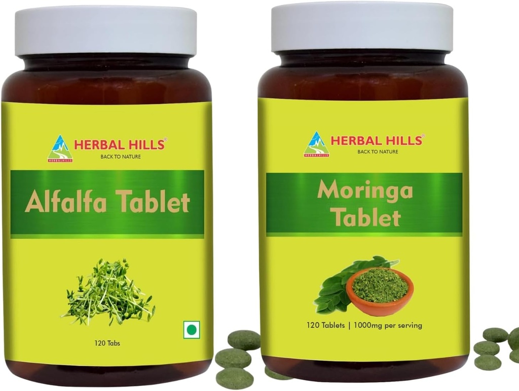 HERBAL HILLS AlfalfaタブレットとMoringaリーフタブレットパック2コンボ