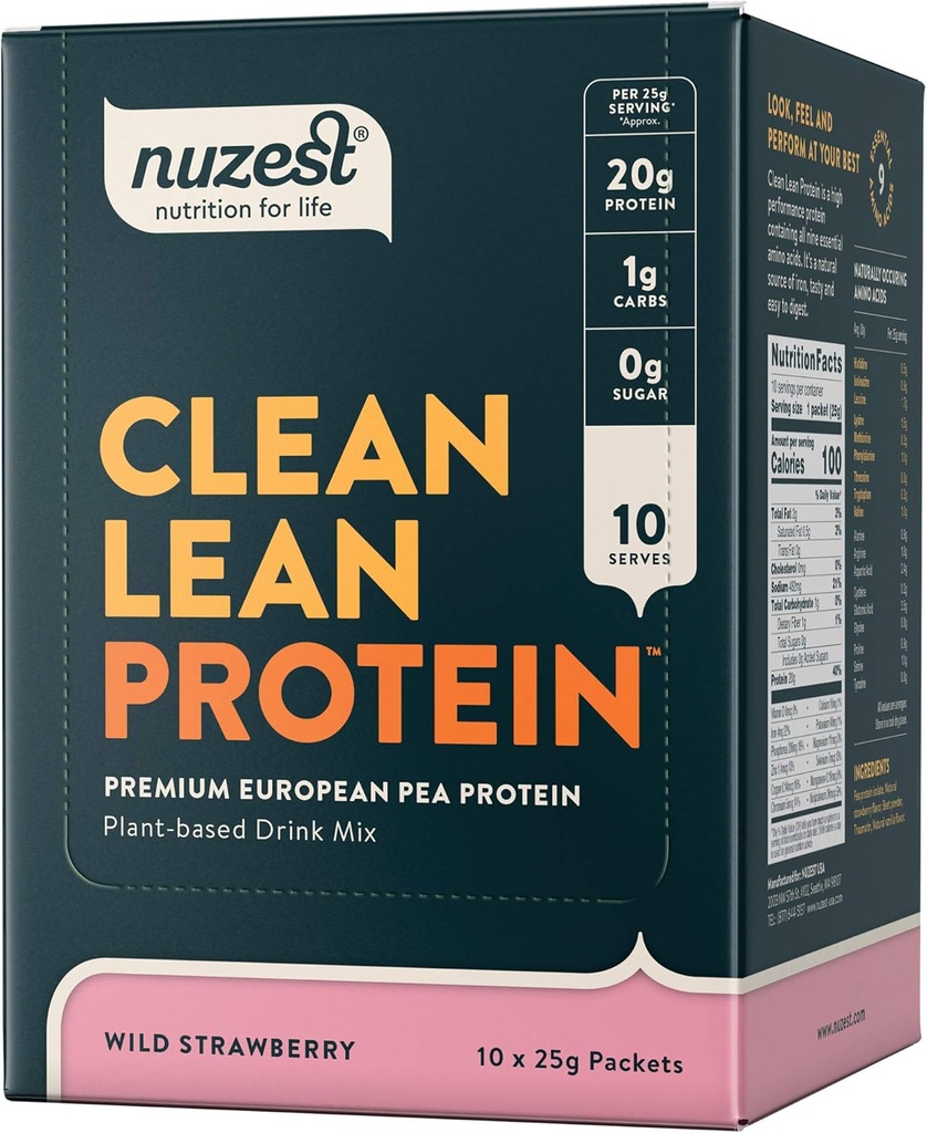 Nuzest - ピープロテインパウダー - きれいなリーンプロテイン、プレミアムビーガン植物ベースのプロテインパウダー、乳製品無料、GMOフリー、タンパク質シェイク、ワイルドイチゴ、0.9オンス、10のパック
