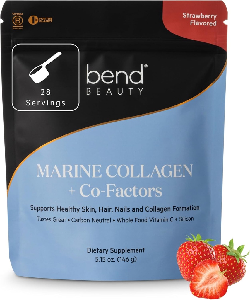 Bend Beauty Marine Collagen + Co-Factors | Strawberry Flavored Collagen Powder | Hydrolyzed Collagen Supplement | Fish Collagen Peptides + Silicon + Vitamin C | Supports Healthy Skin, Hair & Nails