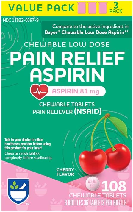 食欲の大人の低い線量のアスピリン81のmgのChewableのタブレットの痛みのRelieverのチェリーの味、3本のびん、36の計算それぞれ(108の計算の合計) Chewableのアスピリンの養護者 頭痛の救助 大人のためのアスピリン81mg