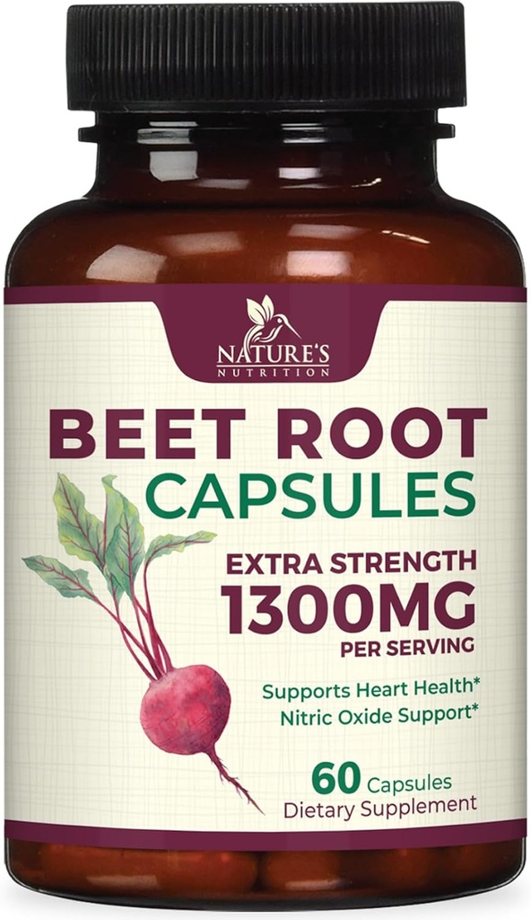 Beet Root Capsules 1300mg - Extra Strength Red Beetroot Powder Supplement – Supports Nitric Oxide Production, Heart Health & Natural Energy – Non-GMO, Vegan, Gluten Free – 60 Veggie Capsules
