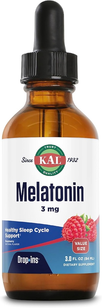 KAL Melatonin 3mg DropIns、高速演技睡眠補助金、Melatoninは、リラックスとヘルシーな睡眠サイクルサポート、ナチュラルラズベリー味、60日保証、約88のサービング、3 fl oz