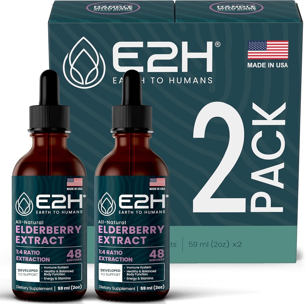 E2Hエルダーベリーシロップ - 有機ELダーベリーエキスの強力な抗酸化剤サプリメント - 乳児と免疫サポートのための大人のためのサマルブカスエルダーベリーシロップ  ノンGMO、ビーガン(2本)