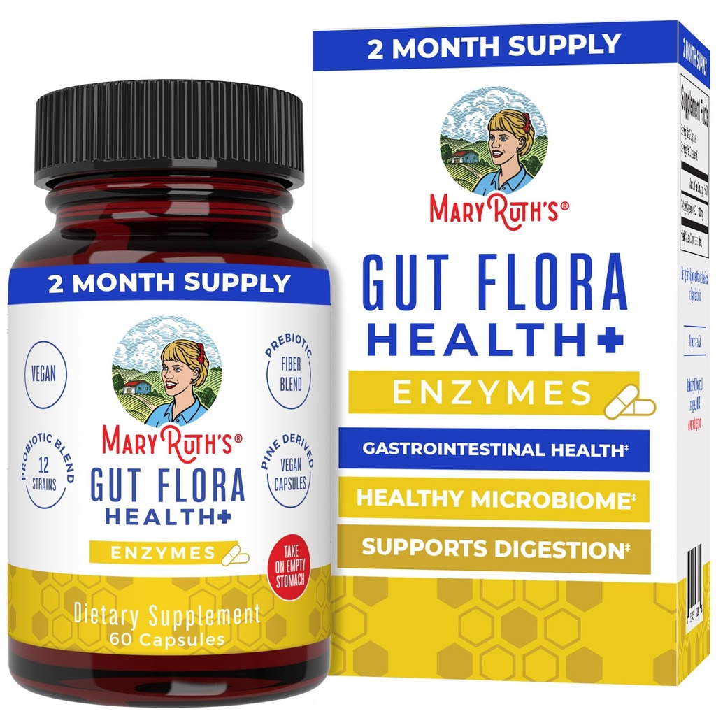 MaryRuth’s Gut Flora Health+ Enzymes | プレバイオティクス・プロバイオティクス・ダイジェスト・サポート | 胃腸の健康 | CLP 認定 | 60 カプセル | 2 ヶ月以内 供給