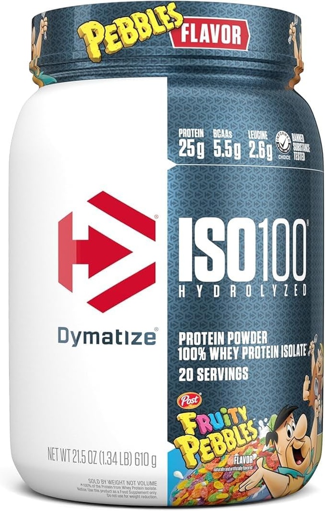 Dymatize x Fruity Pebbles ISO100 Whey Protein Powder Isolate, 25g of Protein, 5.5g BCAAs, 120 Cal., Gluten Free, 1g Fat, 1g Sugar, 2g Carb (20 Servings)