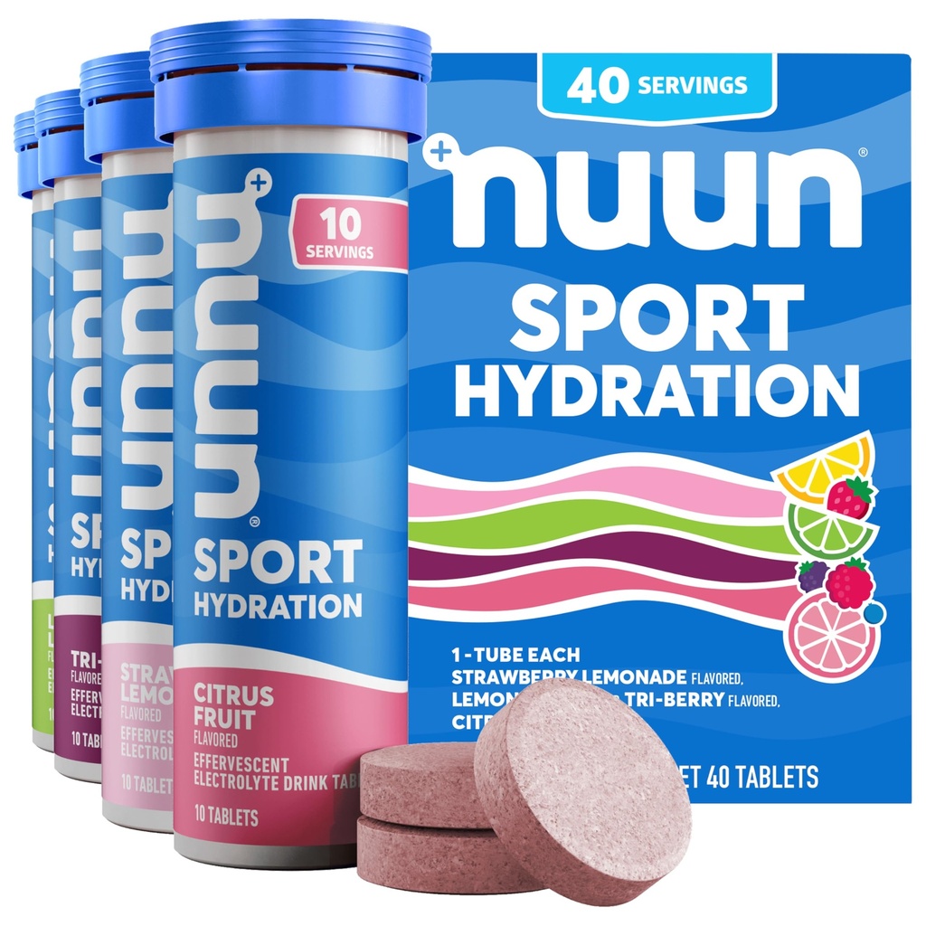 Nuunのスポーツの積極的な水和、混合された味、4つのパック(40のサービング)のための電解物のタブレット