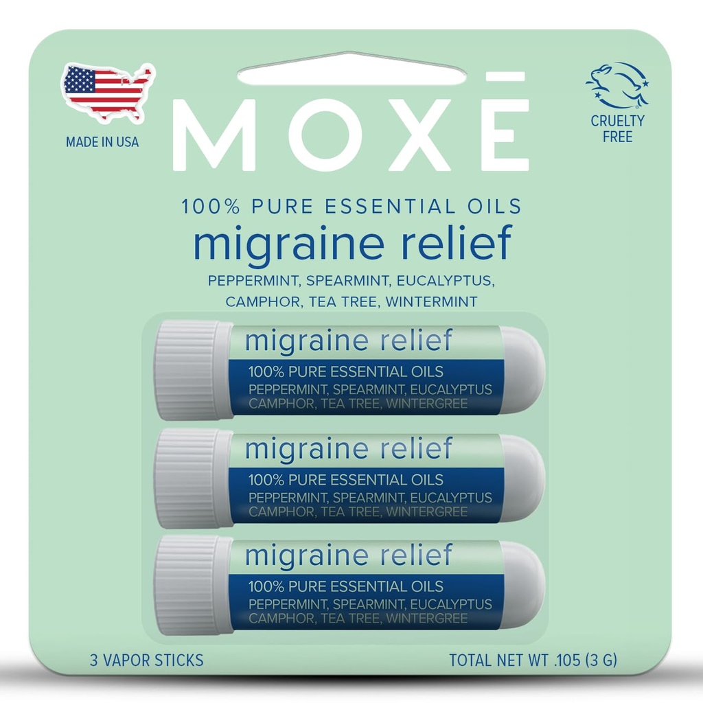 MOXE Migraineの救助の鼻の吸入器、頭痛のための精油及び張力救助、携帯用アロマセラピー、使いやすい、Peppermint、Spearmint、Eucalyptus、ティー・ツリー、米国は3パックを作りました
