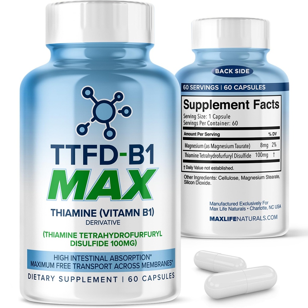 TTFD Thiamine B1は米国でなされる60Capsulesを- TTFDビタミンB1 MAXのエネルギー及び焦点のための高周波補足、サポートMaxLifeの自然による健康なNerve機能及び全面的なウェルネス補います