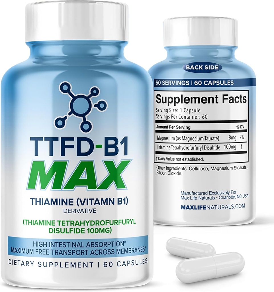 TTFD Thiamine B1は米国でなされる60Capsulesを- TTFDビタミンB1 MAXのエネルギー及び焦点のための高周波補足、サポートMaxLifeの自然による健康なNerve機能及び全面的なウェルネス補います