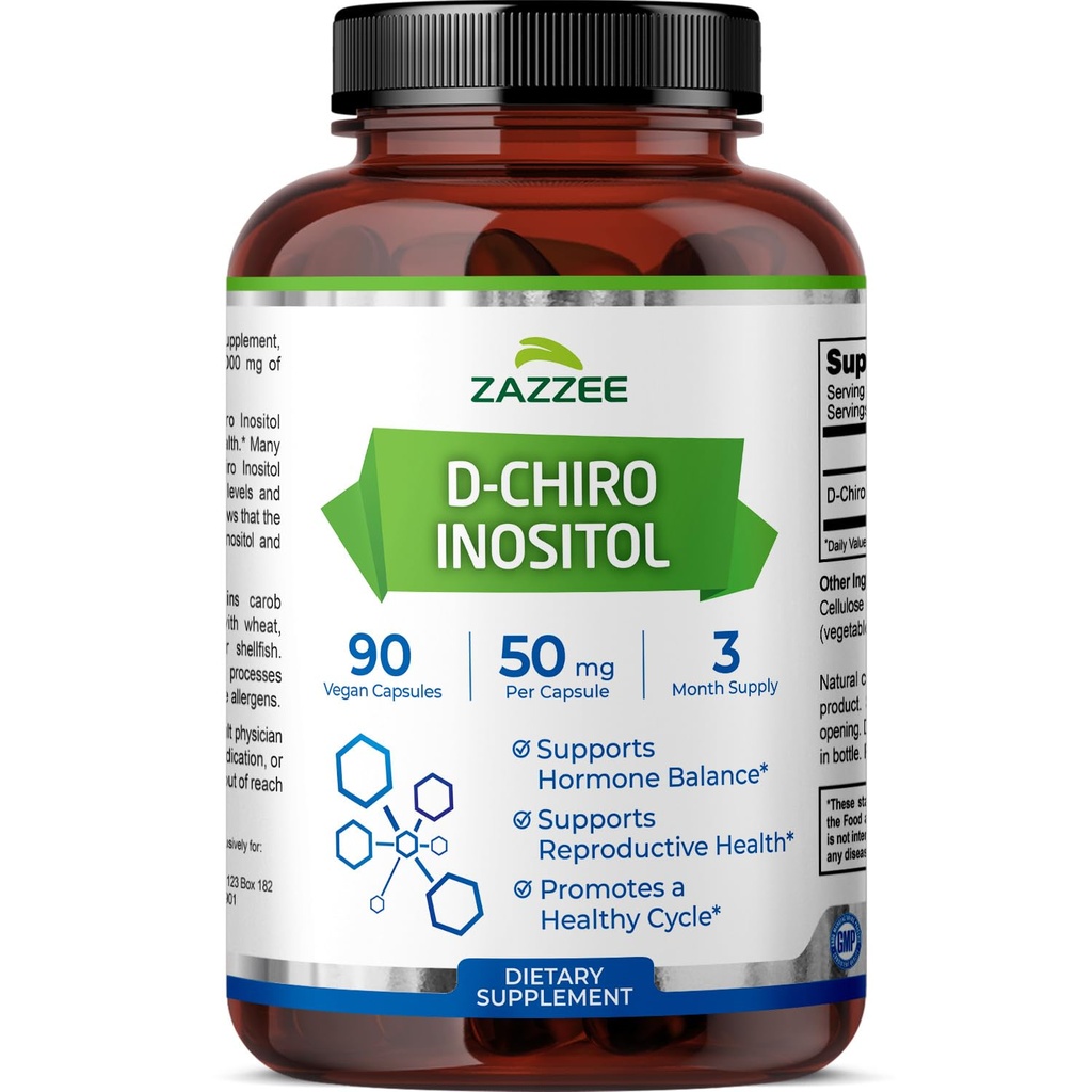 Zazzee D-Chiro-Inositol、カプセルあたり50mg、90ビーガンカプセル、40:1マイオイノシトールとの理想的な投与量、3ヶ月の供給、100%ベジタリアン、非GMO
