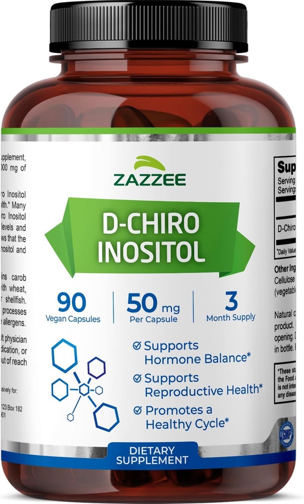 Zazzee D-Chiro-Inositol、カプセルあたり50mg、90ビーガンカプセル、40:1マイオイノシトールとの理想的な投与量、3ヶ月の供給、100%ベジタリアン、非GMO