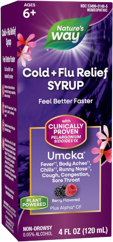 Nature's Way Cold+Flu Relief Syrup, Umcka, Fever*, Sore Throat, Cough, Congestion, Body Aches*, Homeopathic, Phenylephrine Free, 0.05% Alcohol, Berry Flavored, 4 Fl Oz (Packaging May Vary)