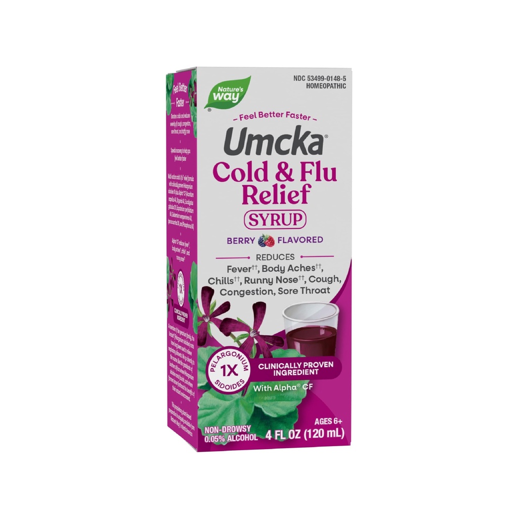 Nature's Way Cold+Fluリリーフシロップ、Umcka、Fever*、Sore Throat、Cough、Congestion、 Body Aches*、Homeopathic、Phenylephrine Free、0.05%アルコール、Berry Flavored、4 Fl Oz(パッケージ5月Vary)