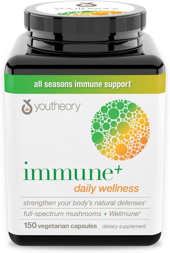 Youtheory Immune+の毎日の健康有機のきのこのベータ グルカン ビタミンC、D3及び亜鉛150のベジタリアンの帽子