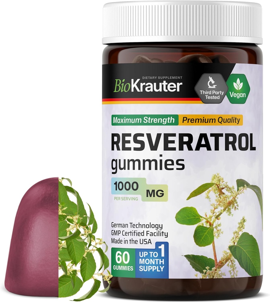 BIO KRAUTER レスベラトロールグミ - 1000 mg 強度 - 60 ビーガン咀嚼 - 98% 純粋なトランスレスベラトロール サプリメント - 抗酸化サポート
