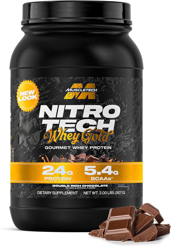 Muscletech Whey Protein Powder (Double Rich Chocolate, 2LB) - Nitro-Tech Whey Protein Isolate Smoothie Mix for Lean Muscle & Recovery - 24g of Whey Gold for Women & Men - Packaging May Vary