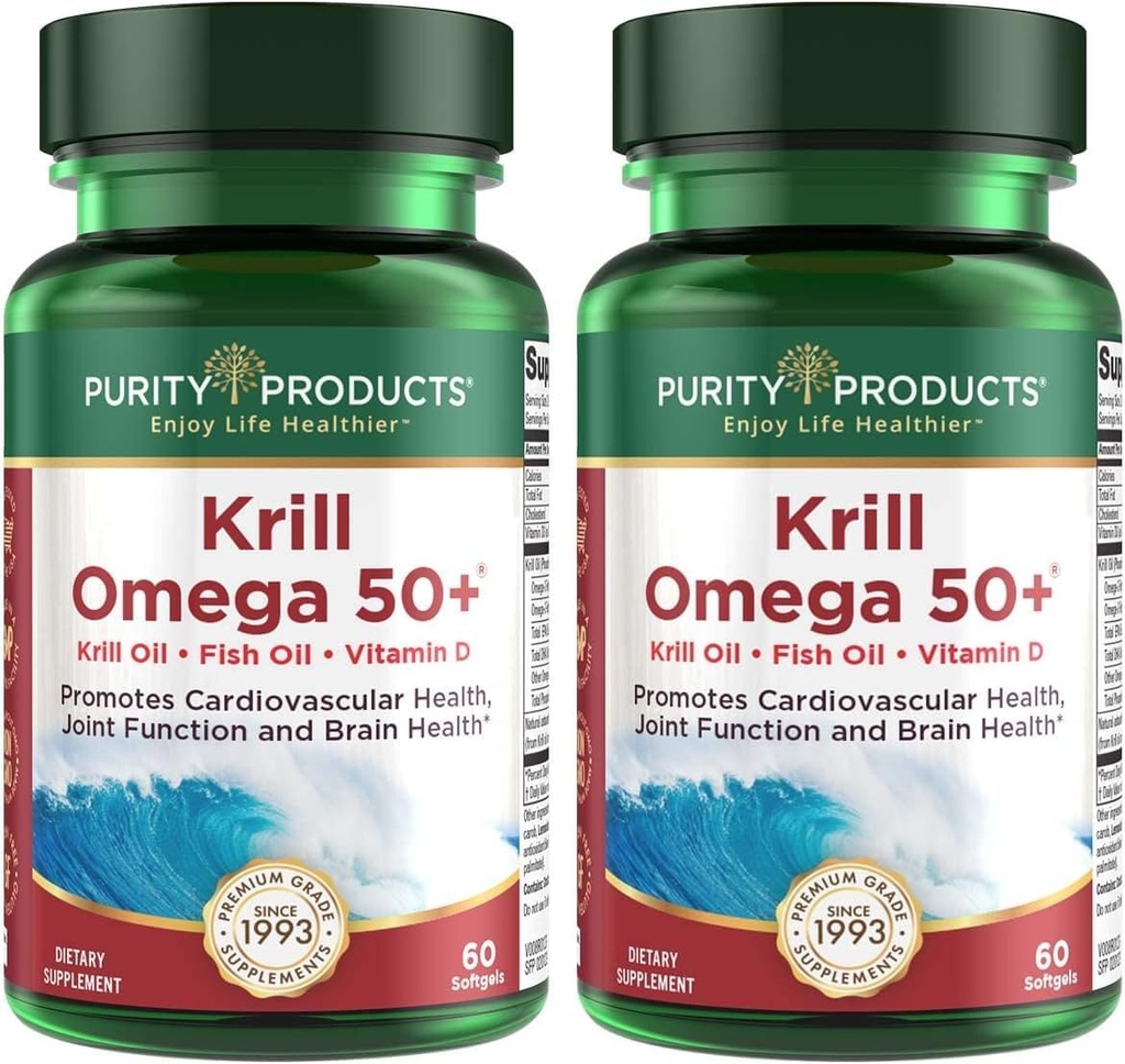 純度プロダクトKrill Omega 50 (Krill +の魚油のブレンド1000mg +アスタキサンチン500mcg + Phospholipids 200mg +ビタミンD 500 IU) - 60の小型Softgels (2のパック)