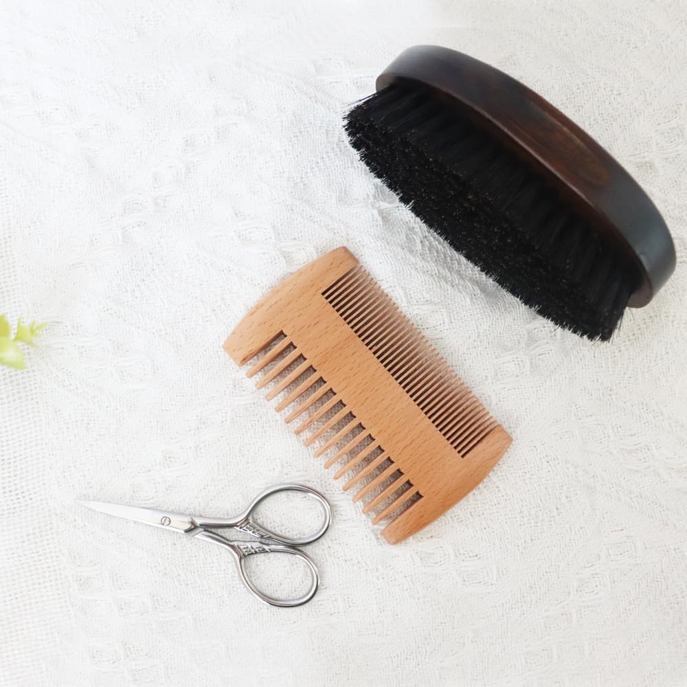 Beard Grooming Kit, Beard Care Set, Men's Grooming Kit, Beard Trimming Kit, Natural Boar Bristle Brush and Pear Wood Comb Set for Men - Dual Action Grooming for Beards and Mustaches