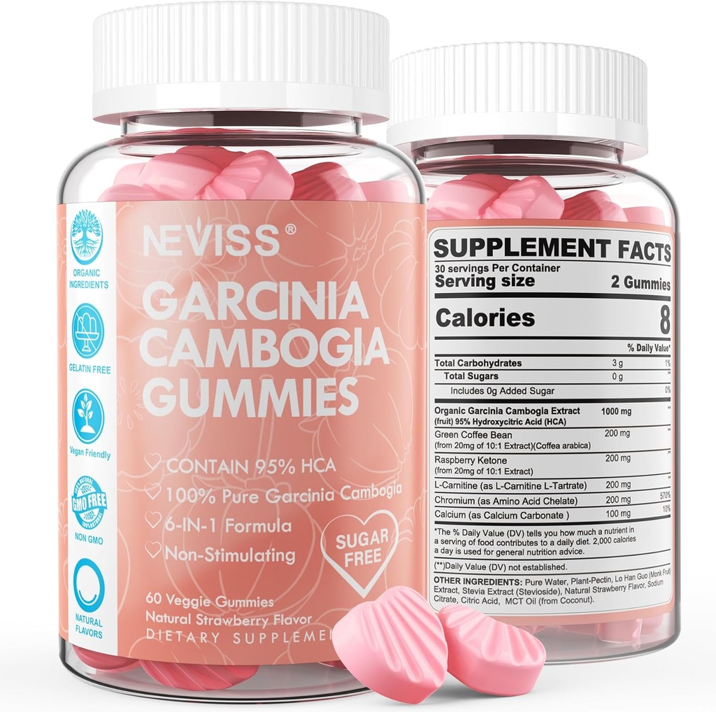 砂糖無料 Garcinia Cambogia Gummies 1000mg 95% HCA with L-カルニチン, ラズベリーケトン, クロム, メタボリズムのための緑のコーヒー豆, エネルギーブースト, 100% 有機エキス, 完全菜食主義者の, いちご味 120 Cts