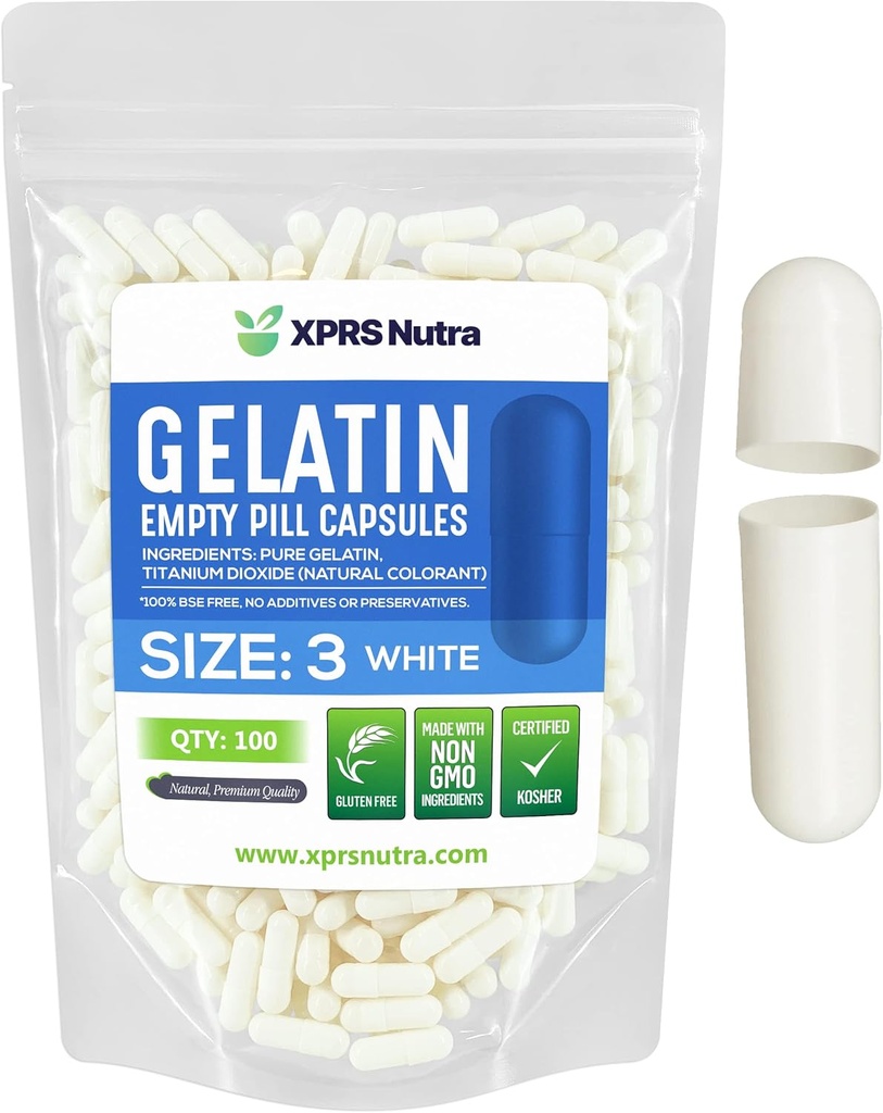 XPRS Nutra Size 3 Empty Capsules - 100 Count Empty Gelatin Capsules - Pills DIY Capsule Filling - Pure Bovine Pill Gel Caps Fillable Do-It-Yourself Vitamins and Supplements (White)