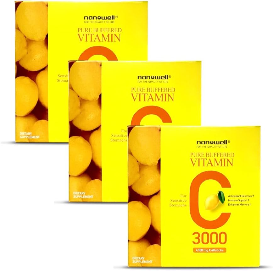 NANOWELL の純粋な緩衝されたビタミン C のサービングごとの 3000 mg、免疫サポートのための食事療法の補足 - 60 の棒 x 3 箱、供給 6 か月(180 の計算)