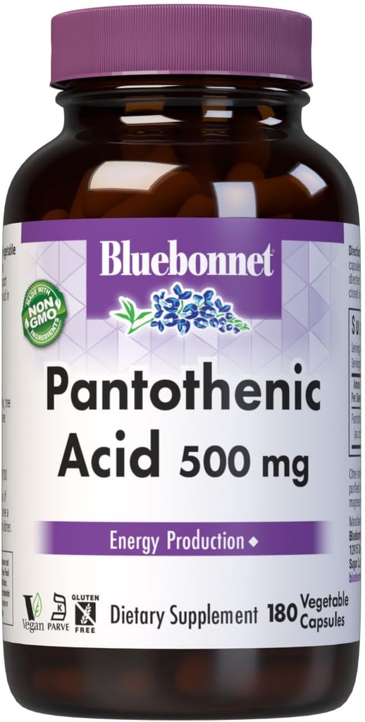 Bluebonnet Pantothenic Acid 500 mg Vegetable Capsules, 180 Count