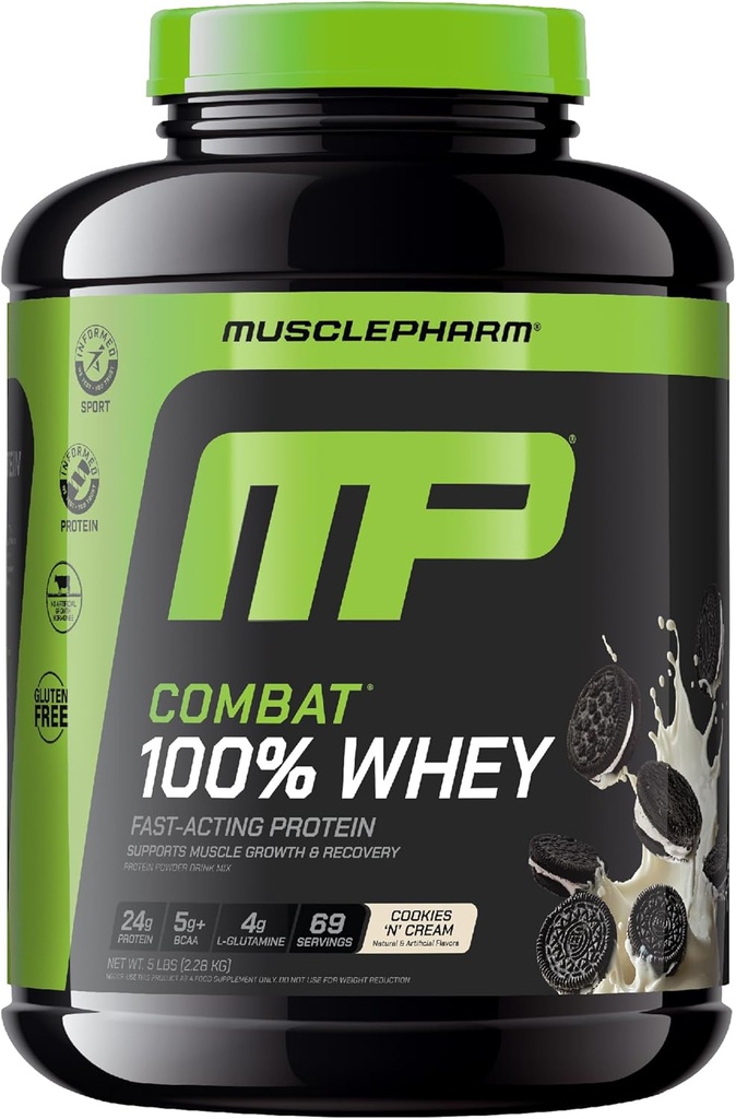 MusclePharm Combat 100%の乳清蛋白質の粉、クッキー「N」のクリーム色の味、Whey蛋白質の隔離、女性及び人のための高い蛋白質の粉、グルテンフリーの5のlbの69のサービングとの速い回復及び筋肉利益