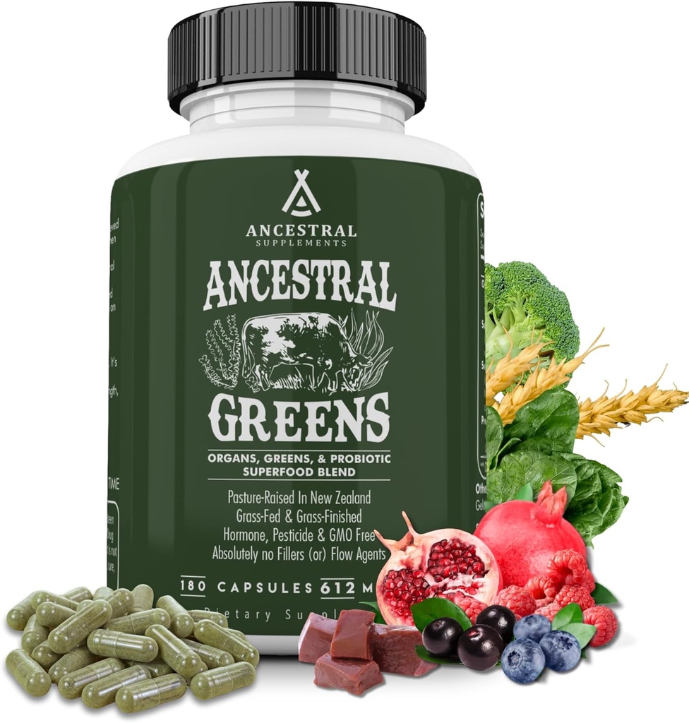 Ancestralは緑の粉のカプセル、Spirulina、Chlorella、草によって供給されるビーフのOrgansおよびGutの健康、非GMO、612mg各、180の計算のためのProbioticsと混合する有機性Superfoodの緑及び赤を補います