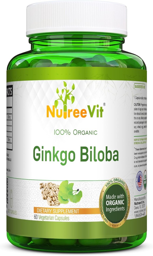 NutreeVit 100% Organic Ginkgo Biloba Capsules - Supports Brain Health, Mental Alertness, Circulation, and Increases Memory - Organic Antioxidant - 100 Count Bottle