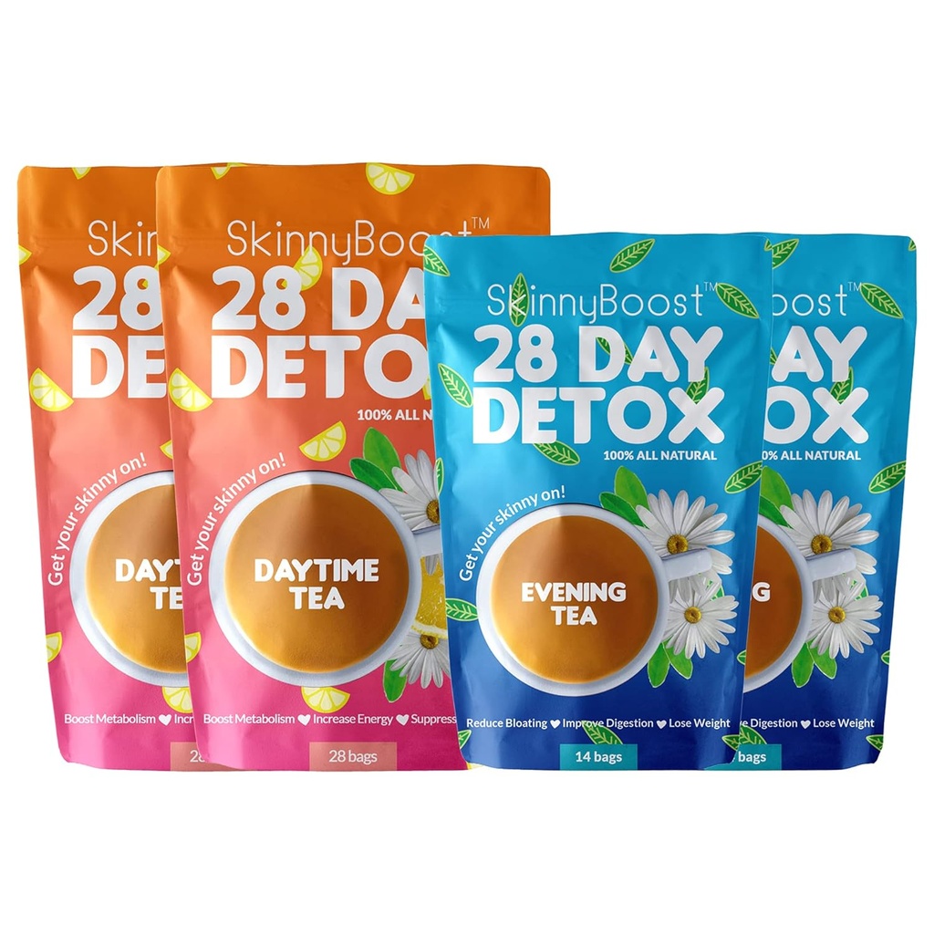 Skinny Boost Detox Tea Kit – 4 PACK - 2 Daytime Teas (56 Bags) 2- Evening Teas (28 Bags) – Herbal Detox for Weight, Metabolism, Energy, Bloating & Colon Cleanse – Green Tea, Vegan, Keto, Non-GMO, Sugar-Free