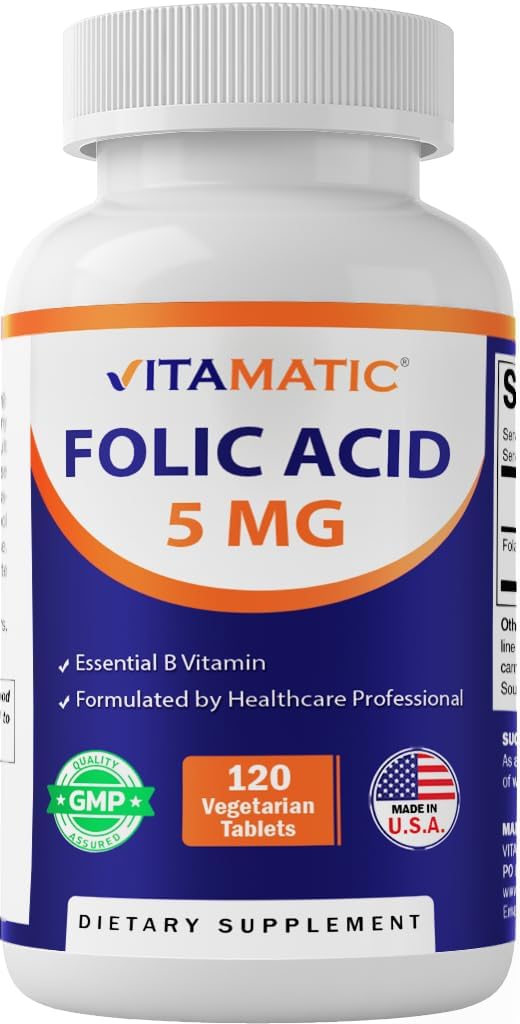 Vitamatic の葉酸 5mg (5000 の mcg) - 細胞の健康、中心サポートのための 120 菜食主義者のタブレットの高い効力のビタミン B9 (Folate)及び前処理