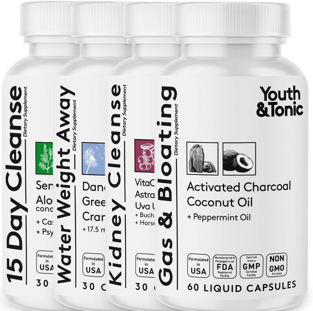 Youth & Tonic Complete Multi-Organ Detox & Repair – 15 Day Colon Cleanse, Kidney, Gut & Stomach Cleansers with Water Balance Support for Full Body Detox, Gas and Bloating & Liver Health, 150 Pills