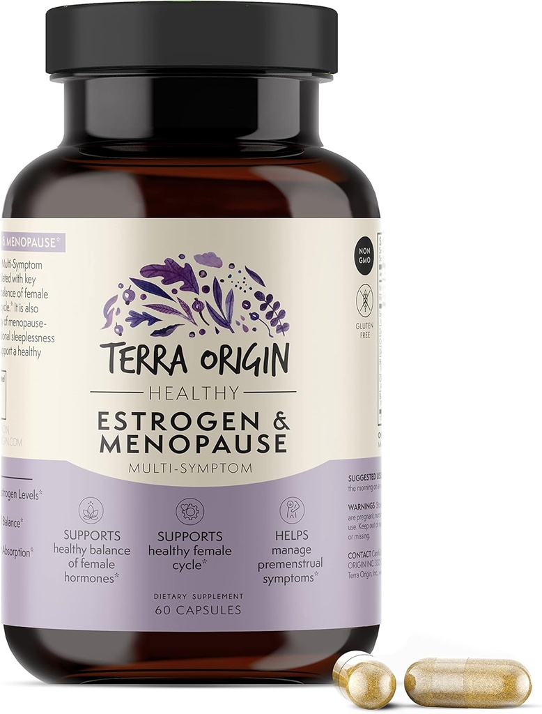 TERRA ORIGIN Multi-Symptom Menopause Supplements for Women | 夜の汗、ホットフラッシュと気分のスイングのための月経サポート | DIM、ブラックコホッシュ、ドン・キー、チェストツリーベリー | 60 カプセル